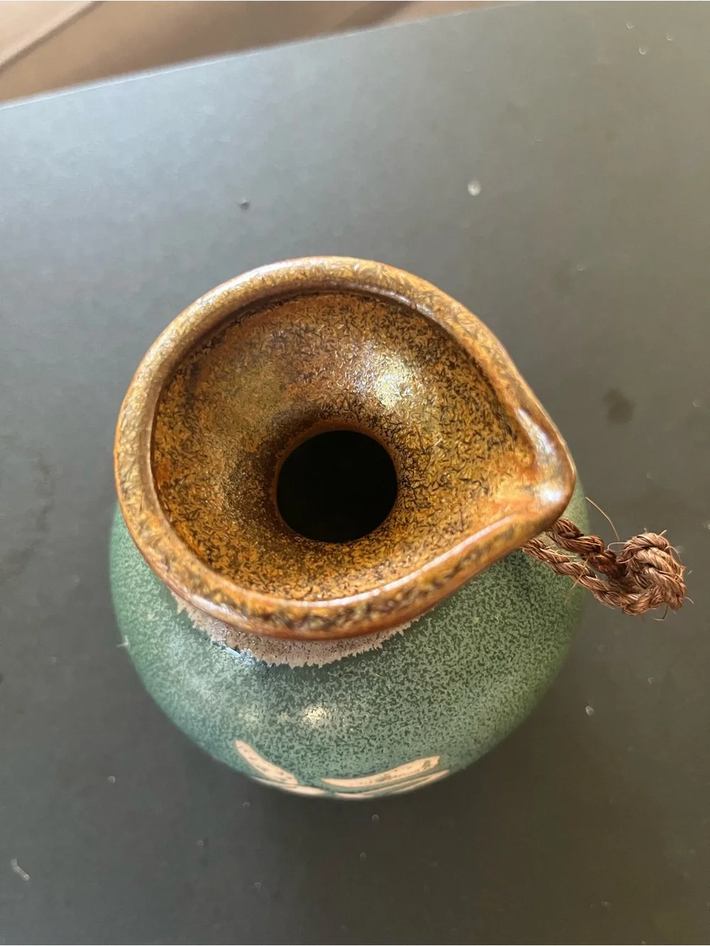 Vintage Japanese Ceramic Tokkuri Sake Flask Green Glaze Rope Accent 4.5